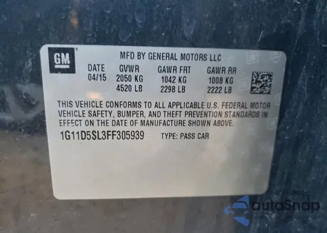 2015 Chevrolet Malibu 2Lt from USA, damaged, VIN 1G11D5SL3FF305939